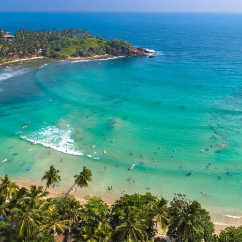 Aerial. Surf beach Hiriketiya, Dikwella, Sri Lanka.